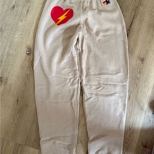 Aviator Nation Tan Sweatpants with Red Heart